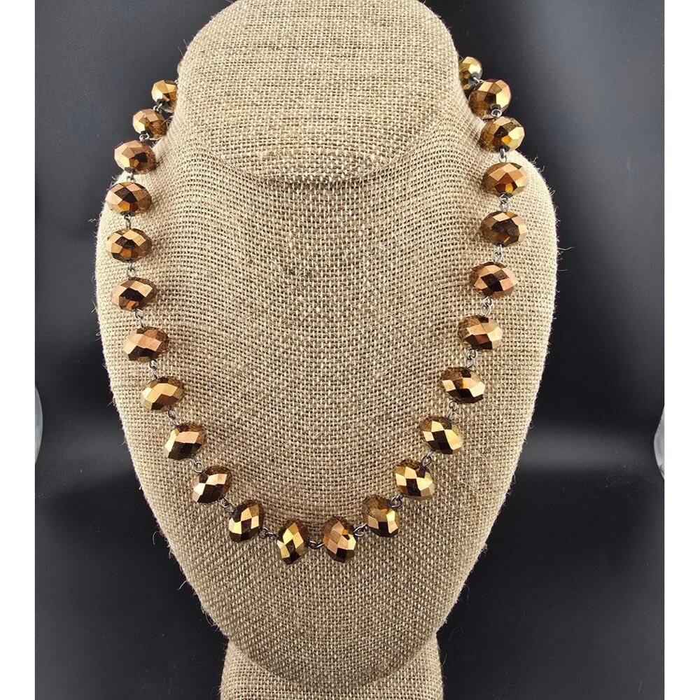 Gold-Tone Glass Faceted Bead Statement Necklace  Adjustable Chain Vintage
